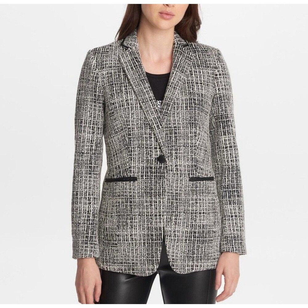 Karl Lagerfeld Paris Women Sz 14 Tweed Faux Leather Trim One-Button Blazer Black